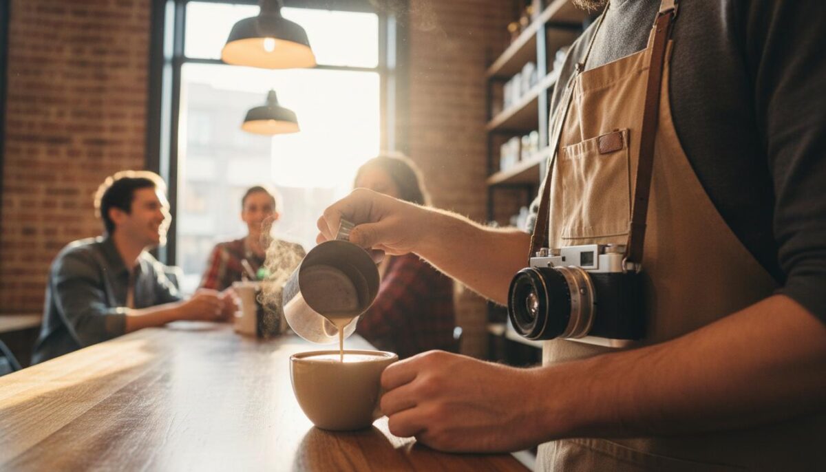 Fotograf som barista serverer espresso