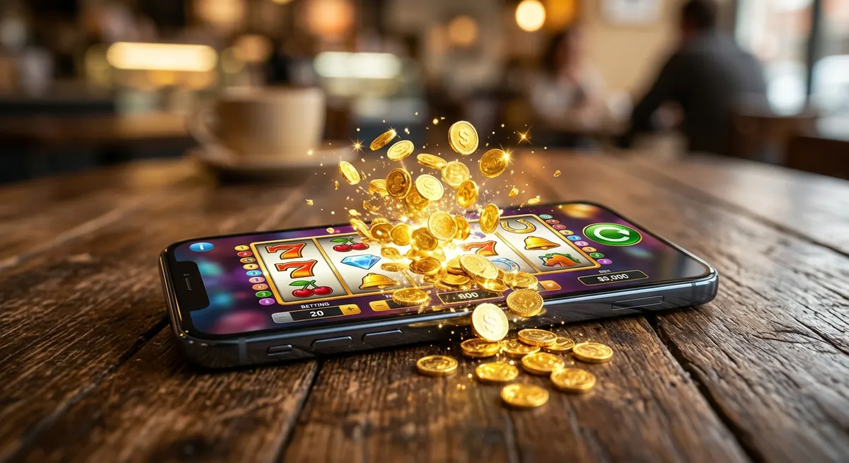 En smartphone der viser en farverig online spillemaskine med guld mønter der symboliserer gratis spins
