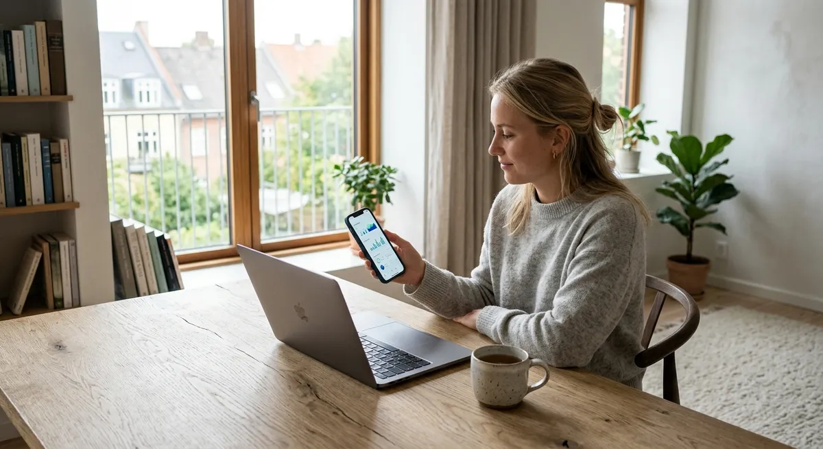 En person der bruger en valutaberegner på sin smartphone i et lyst, nordisk indrettet rum.