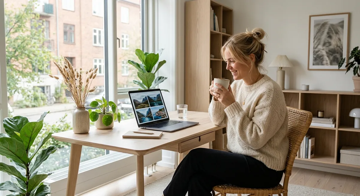 Person der sidder i et lyst skandinavisk rum ved sin bærbare computer og er i gang med at lave en rejseblog