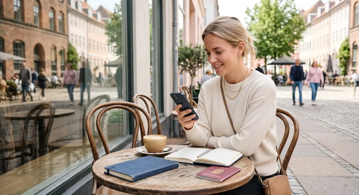 En kvinde der bruger sin mobiltelefon til internet på rejsen